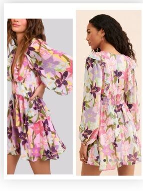 Hutch Anthropologie Floral Long Sleeve Mini Dress in Pink, Purple, Green NWT